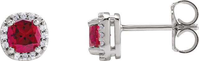 Platinum Lab-Grown Ruby & Natural Diamond Cushion Halo-Style Stud Earrings
