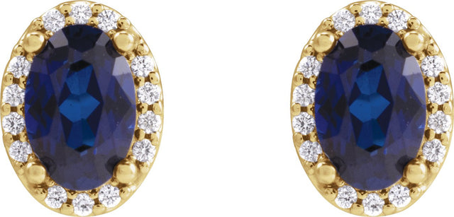 14K Gold Lab-Grown Blue Sapphire Oval 4-Prong Halo-Style Low Stud Earring - Yellow Gold - view 4