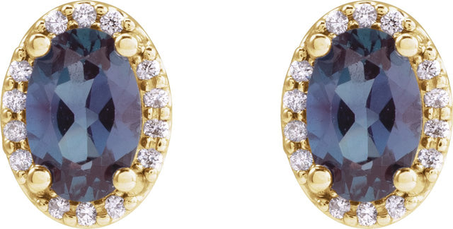 14K Gold Lab-Grown Alexandrite Oval 4-Prong Halo-Style Low Stud Earring - Yellow Gold - view 4