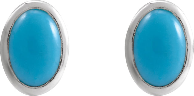 14K Gold Natural Turquoise Oval Bezel-Set Cabochon Earrings - White Gold - view 2
