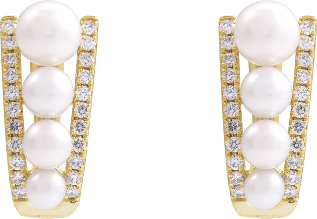 14K Gold Pearl Cultured White Freshwater Pearl & Natural Diamond Accented Hoop Earrings – 5mm Stones - Yellow Gold - view 2