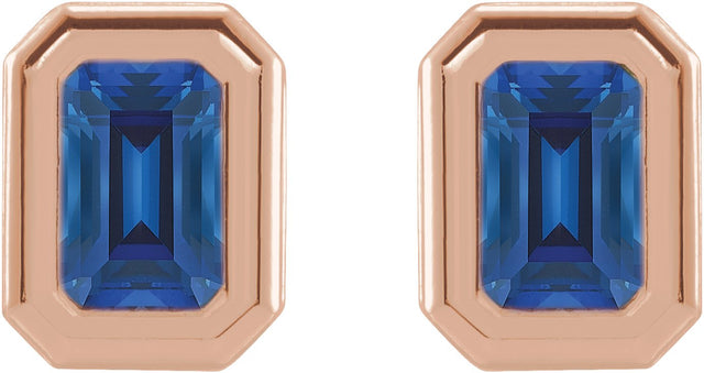 14K Gold Lab-Grown Blue Sapphire Emerald Solitaire Earrings - Rose Gold - view 4