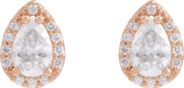 14K Gold Lab-Grown Moissanite Pear 4-Prong Halo-Style Low Stud Earring - Rose Gold - view 6