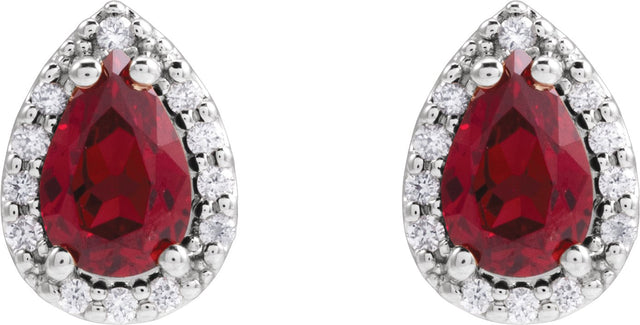 14K Gold Lab-Grown Ruby Pear 4-Prong Halo-Style Low Stud Earring - White Gold - view 6