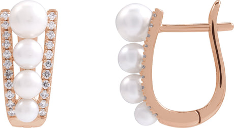 14K Gold Pearl Cultured White Freshwater Pearl & Natural Diamond Accented Hoop Earrings – 5mm Stones - Rose Gold