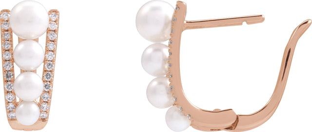 14K Gold Pearl Cultured White Freshwater Pearl & Natural Diamond Accented Hoop Earrings – 5mm Stones - Rose Gold - view 3