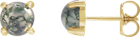 14K Gold Natural Moss Agate Round 4-Prong Cabochon Earrings - Yellow Gold