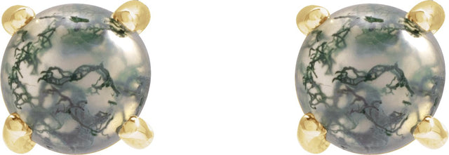 14K Gold Natural Moss Agate Round 4-Prong Cabochon Earrings - Yellow Gold - view 2