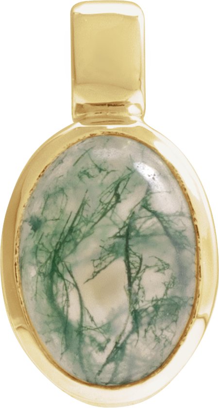 14K Gold Natural Moss Agate Oval Bezel-Set Cabochon Pendant - Yellow Gold