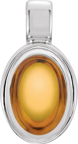 14K Gold Natural Citrine Oval Bezel-Set Cabochon Pendant - White Gold