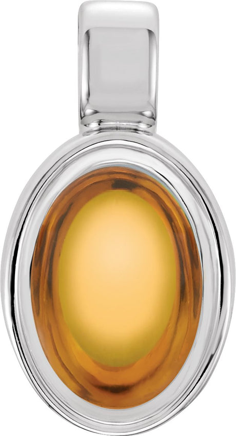 14K Gold Natural Citrine Oval Bezel-Set Cabochon Pendant - White Gold