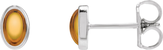 14K Gold Natural Citrine Oval Bezel-Set Cabochon Earrings - White Gold