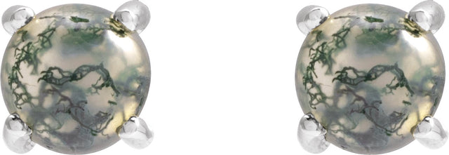 14K Gold Natural Moss Agate Round 4-Prong Cabochon Earrings - White Gold - view 2