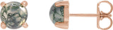 14K Gold Natural Moss Agate Round 4-Prong Cabochon Earrings - Rose Gold