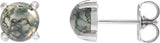 14K Gold Natural Moss Agate Round 4-Prong Cabochon Earrings - White Gold