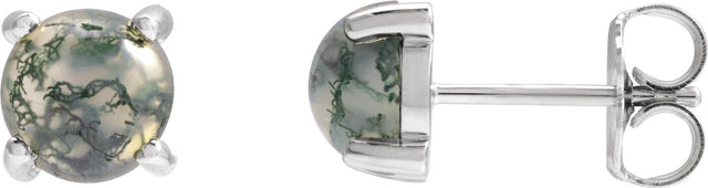14K Gold Natural Moss Agate Round 4-Prong Cabochon Earrings - White Gold