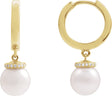 14K Gold Cultured White Akoya Pearl & Natural Diamond Accented Pearl Hoop Earrings – 0.07 CTW - Yellow Gold