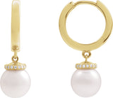 14K Gold Cultured White Akoya Pearl & Natural Diamond Accented Pearl Hoop Earrings – 0.07 CTW - Yellow Gold