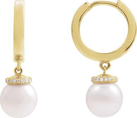 14K Gold Cultured White Akoya Pearl & Natural Diamond Accented Pearl Hoop Earrings – 0.07 CTW - Yellow Gold