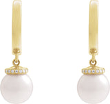 14K Gold Cultured White Akoya Pearl & Natural Diamond Accented Pearl Hoop Earrings – 0.07 CTW - Yellow Gold - view 2