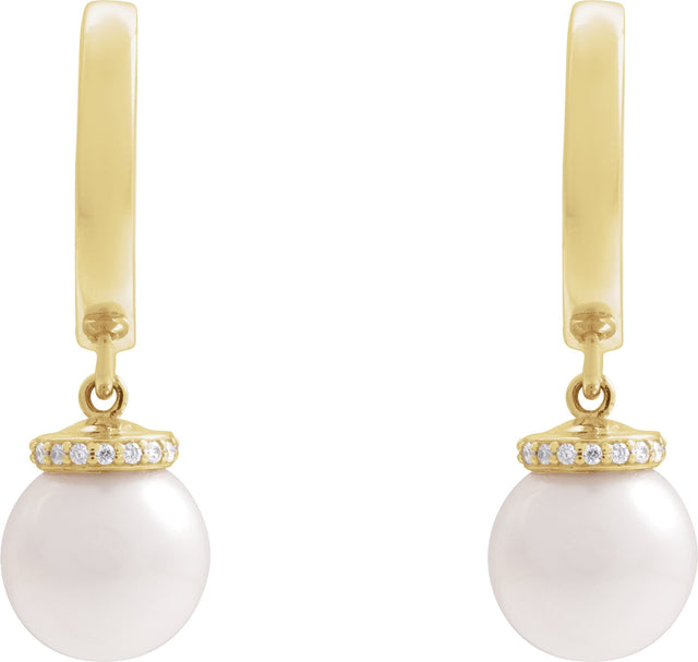 14K Gold Cultured White Akoya Pearl & Natural Diamond Accented Pearl Hoop Earrings – 0.07 CTW - Yellow Gold - view 2