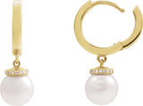 14K Gold Cultured White Akoya Pearl & Natural Diamond Accented Pearl Hoop Earrings – 0.07 CTW - Yellow Gold - view 3