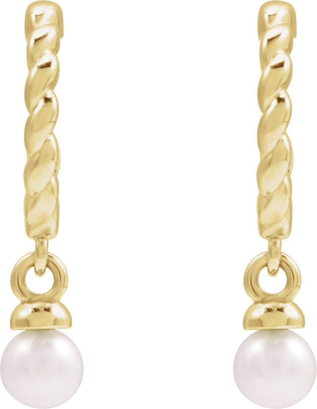 14K Gold Cultured White Freshwater Pearl Pearl Hoop Earrings – 4mm Stones - Yellow Gold - view 2