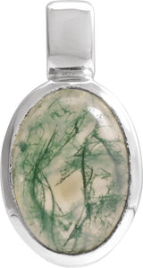 14K Gold Natural Moss Agate Oval Bezel-Set Cabochon Pendant - White Gold