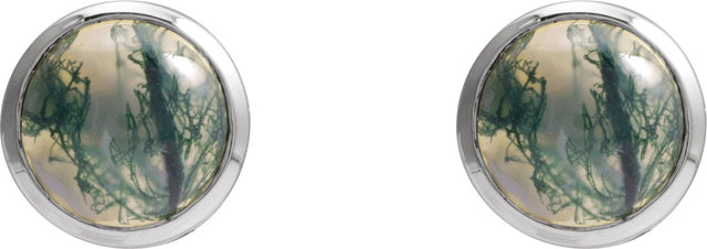 14K Gold Natural Moss Agate Round Bezel-Set Cabochon Earrings - White Gold - view 2