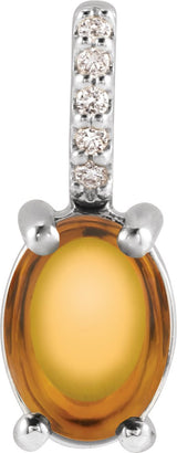 14K Gold Oval Natural Citrine & Natural Diamond Accented Cabochon Necklace or Pendant - White Gold