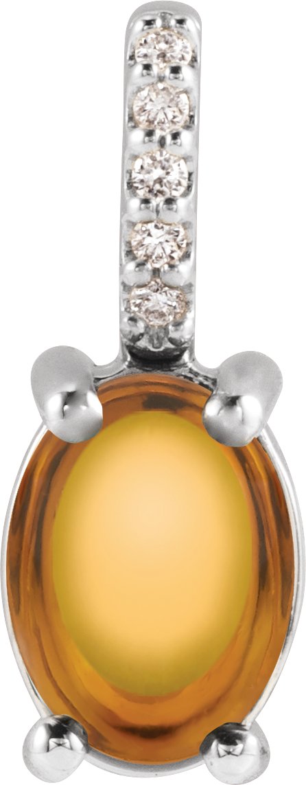 14K Gold Oval Natural Citrine & Natural Diamond Accented Cabochon Necklace or Pendant - White Gold