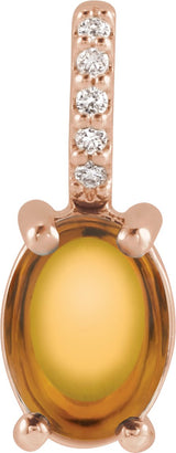 14K Gold Oval Natural Citrine & Natural Diamond Accented Cabochon Necklace or Pendant - Rose Gold