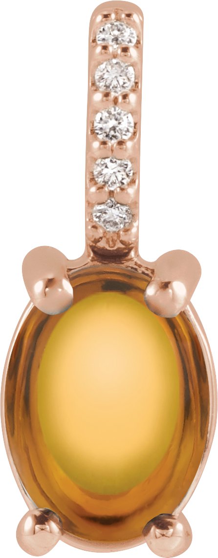 14K Gold Oval Natural Citrine & Natural Diamond Accented Cabochon Necklace or Pendant - Rose Gold