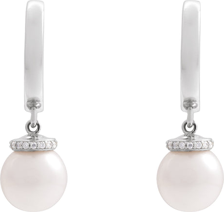 Platinum Cultured White Akoya Pearl & Natural Diamond Accented Pearl Hoop Earrings – 0.07 CTW - view 2