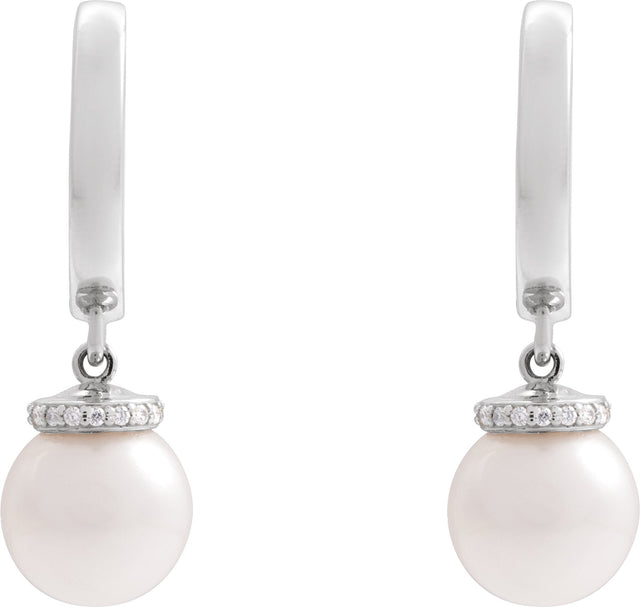 14K Gold Cultured White Akoya Pearl & Natural Diamond Accented Pearl Hoop Earrings – 0.07 CTW - White Gold - view 2