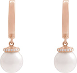 14K Gold Cultured White Akoya Pearl & Natural Diamond Accented Pearl Hoop Earrings – 0.07 CTW - Rose Gold - view 2