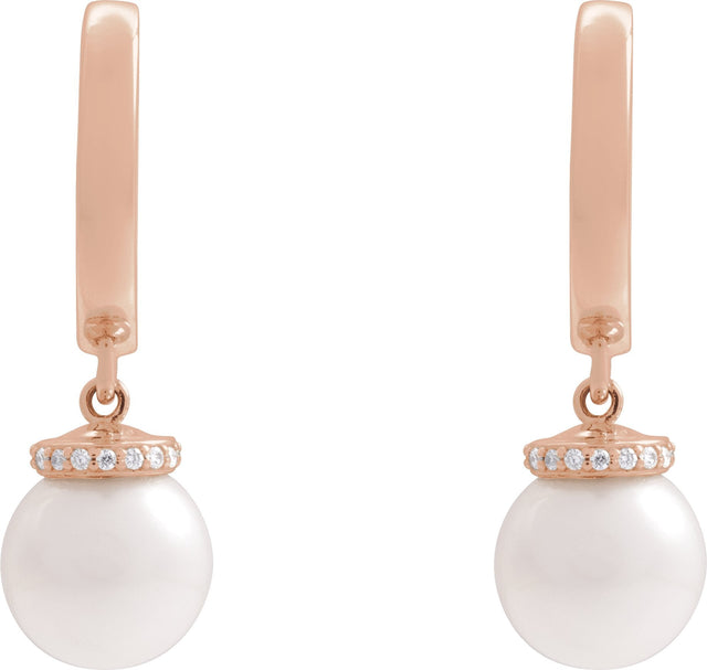 14K Gold Cultured White Akoya Pearl & Natural Diamond Accented Pearl Hoop Earrings – 0.07 CTW - Rose Gold - view 2