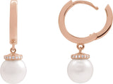 14K Gold Cultured White Akoya Pearl & Natural Diamond Accented Pearl Hoop Earrings – 0.07 CTW - Rose Gold - view 3