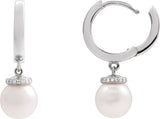 14K Gold Cultured White Akoya Pearl & Natural Diamond Accented Pearl Hoop Earrings – 0.07 CTW - White Gold - view 3