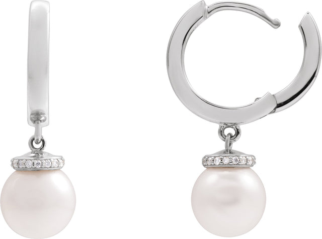 14K Gold Cultured White Akoya Pearl & Natural Diamond Accented Pearl Hoop Earrings – 0.07 CTW - White Gold - view 3