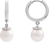14K Gold Cultured White Akoya Pearl & Natural Diamond Accented Pearl Hoop Earrings – 0.07 CTW - White Gold