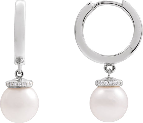 14K Gold Cultured White Akoya Pearl & Natural Diamond Accented Pearl Hoop Earrings – 0.07 CTW - White Gold