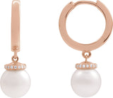 14K Gold Cultured White Akoya Pearl & Natural Diamond Accented Pearl Hoop Earrings – 0.07 CTW - Rose Gold
