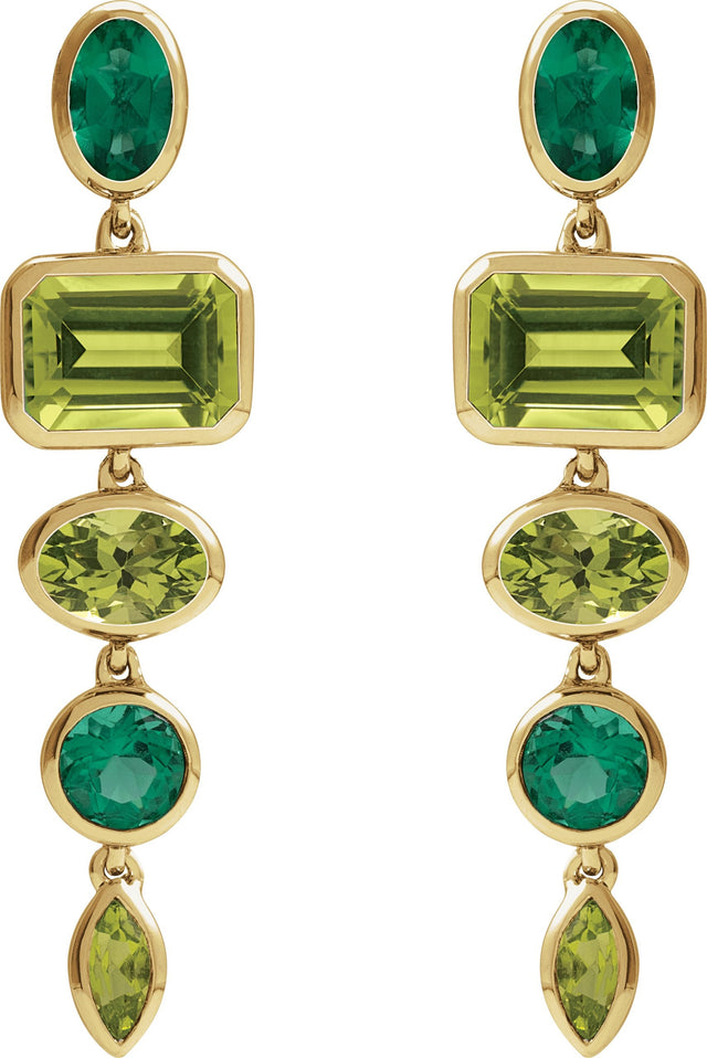14K Gold Emerald Natural Peridot & Lab-Grown Emerald Multi-Stone Dangle Earrings - Yellow Gold - view 2