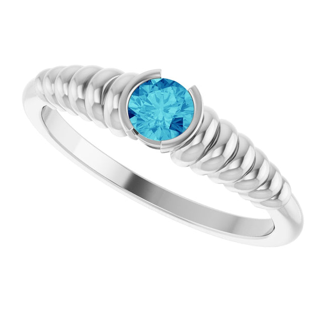 14K Gold Round Natural Blue Zircon Half-Bezel Solitaire Ring - White Gold - view 5