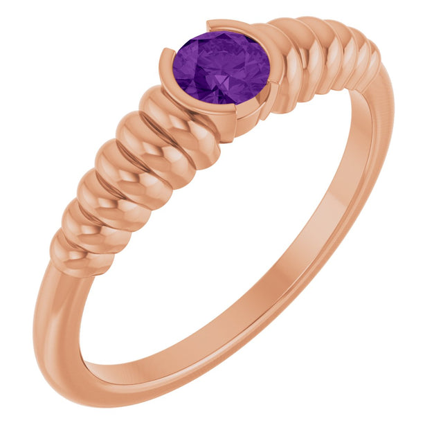 14K Gold Round Natural Amethyst Half-Bezel Solitaire Ring - Rose Gold