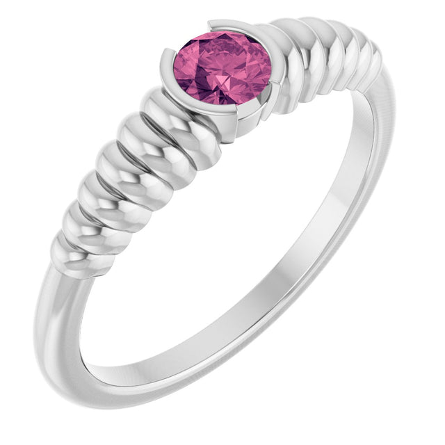 Platinum Round Natural Pink Tourmaline Half-Bezel Solitaire Ring