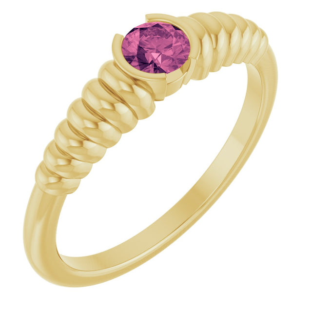 14K Gold Round Natural Pink Tourmaline Half-Bezel Solitaire Ring - Yellow Gold