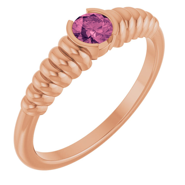 14K Gold Round Natural Pink Tourmaline Half-Bezel Solitaire Ring - Rose Gold