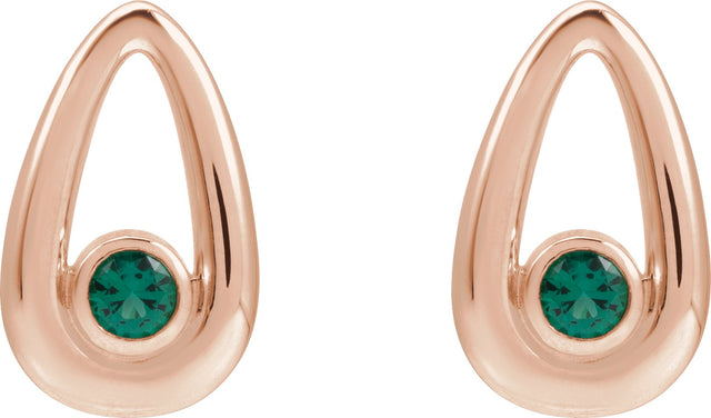 14K Gold Round Lab-Grown Emerald Geometric Earrings - Rose Gold - view 2